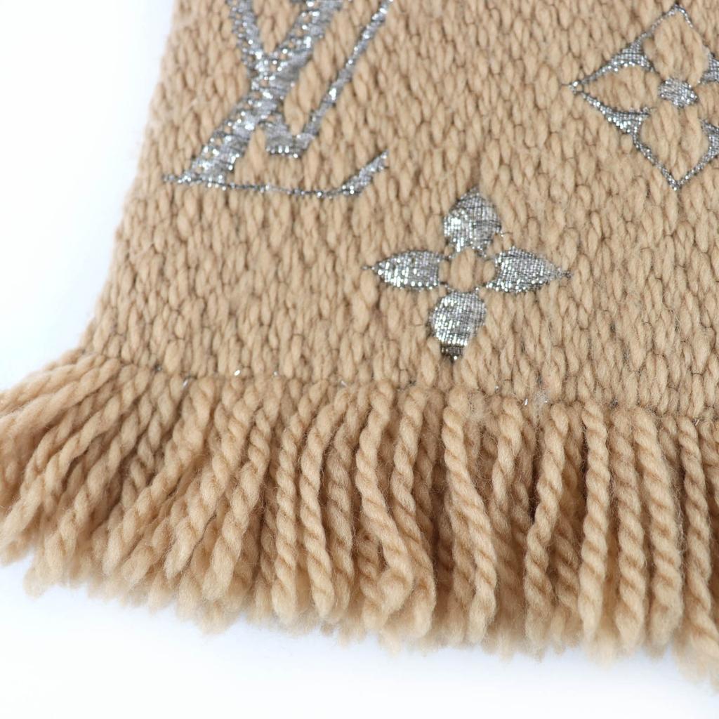 Great LOUIS VUITTON Scarf Escalp Logomania Shine With fringe beige wool M75834 Used