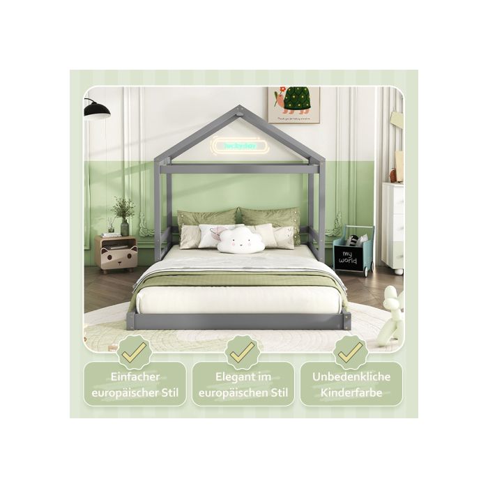 Pat de copil - MUVOE - 140 x 200 cm - Lemn masiv - Design în formă de casă - Gri