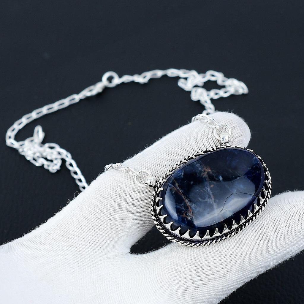 Sodalite Gemstone Jewelry Necklace, Natural Sodalite 925 Sterling Silver Charm Necklace For Wedding Gift, Silver Necklace For Women Gifts