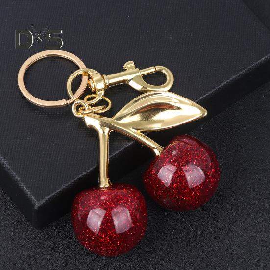 Keychain Bag Charm with Golden Shimmering Resin Cherries Hypoallergenic Steel Key Pendant Bag Wallet Accessory