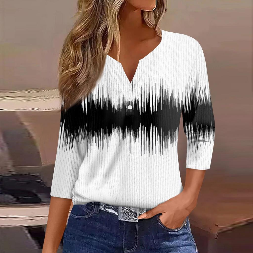Women's T Shirt Tee Print Button 3/4 Sleeve Knit Sweater Daily Weekend Fashion Basic V- Neck Regular Top