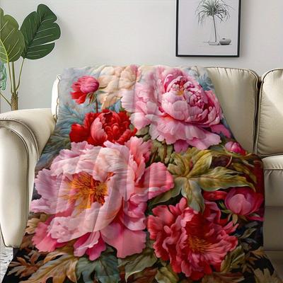Moderne Pfingstrosen-Decke - Ganzjahres-Strick-Polyester-Flanell, Weiche Wärme, Digitaldruck, Gemütlich für Nickerchen &