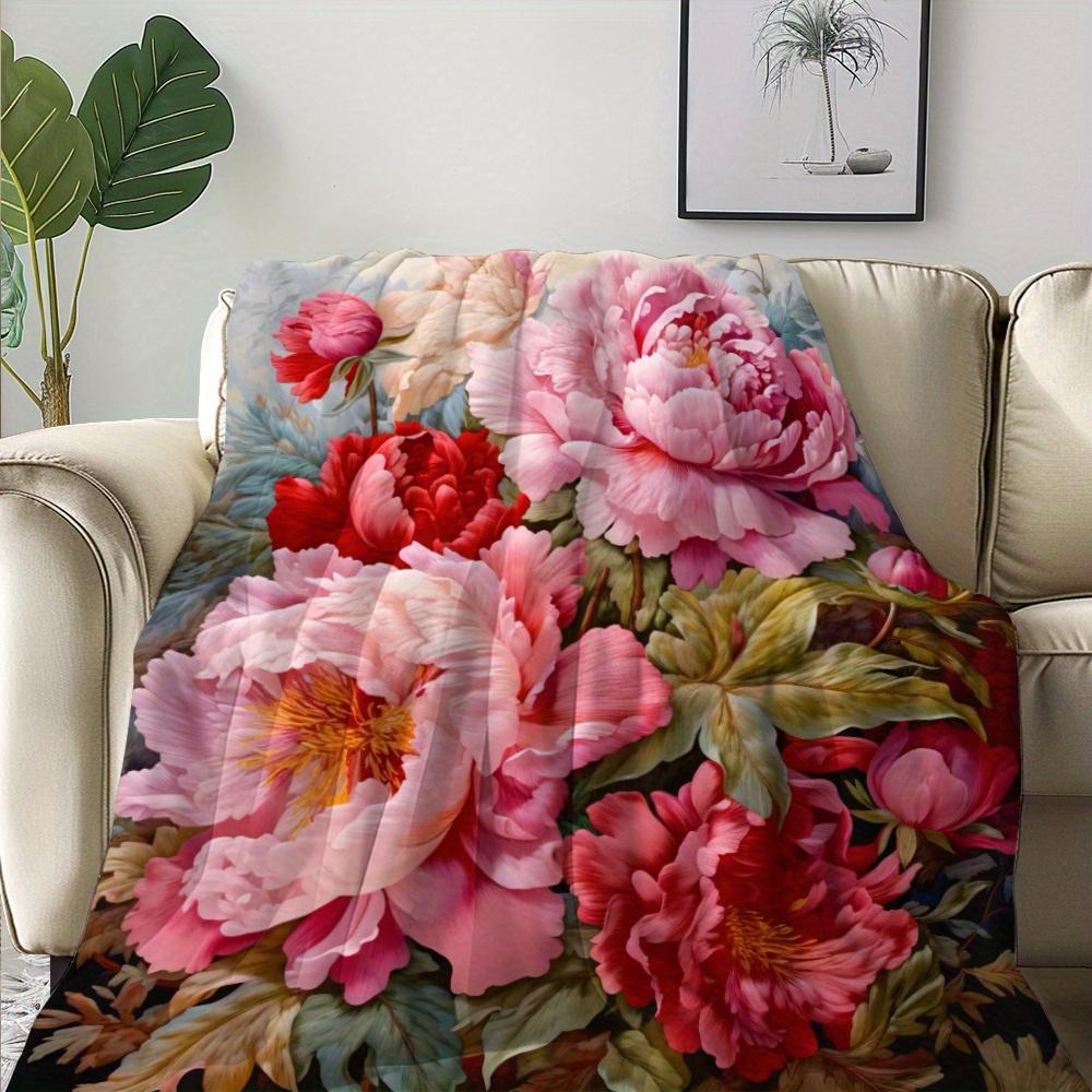 Contemporary Peony Flower Throw Blanket - All-Season Knitted Polyester Flannel, Soft Warm Print, Digital Printed, Cozy Nap &