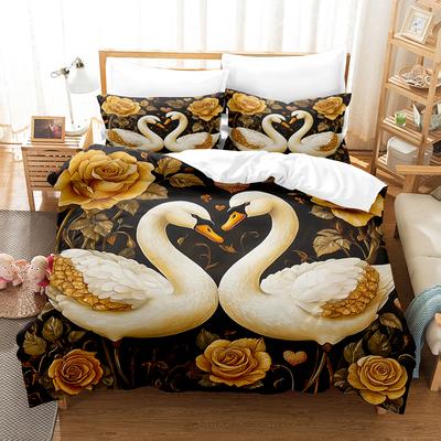 Roségoldenes Schwanen-Druckmuster Polyester Bettwäscheset - Weich und bequem, Heimdekoration, King, Queen Size, Valentinstag