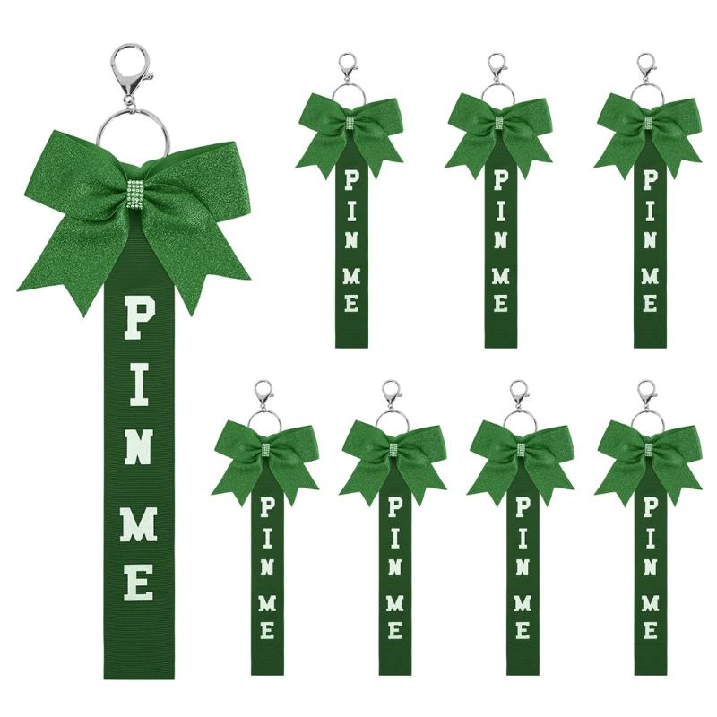 Pack of 8 Elegant Glitter Cheerleader Keychain Accessories Rhinestones Cheer Bowknot Ribbon Sports Team Spirit Gifts