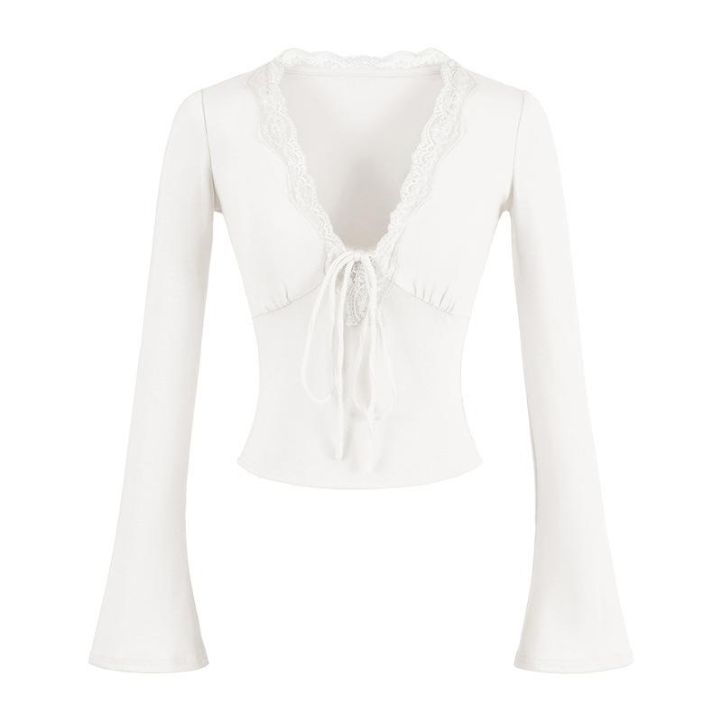 

Women s Long Sleeve Lace Trim V-Neck Bell Sleeve Slim Fit Top for Autumn/Winter Small