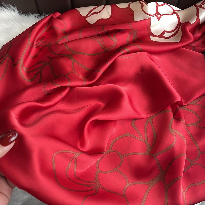 Red Big Flower Luxury Scarf Women's Goods New Silk Scarf Long Large Size Travel Shawl Sun Protection