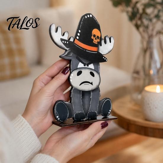 Cute Halloween Animal Decor 4 Pcs Highland Cow Table Decoration, Rustic Wooden Pumpkin Bat Bucket Zombie Signs, Farmhouse Tabletop Centerpiece