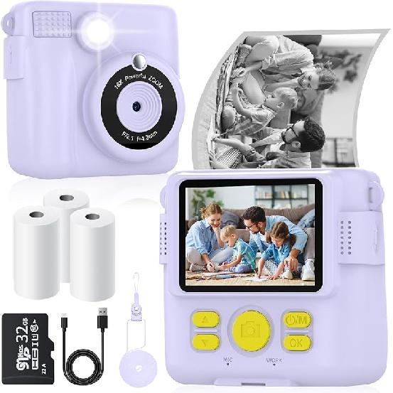 Instant Print Camera for Kids with 3 Rolls of Printer Paper, 1080P Toddler Digital Camera Toys for Age 3-12 with 32GB SD Card, Christmas & Birthday