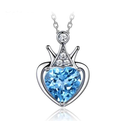 8*8mm Natural Swiss Blue Topaz Crown Heart Necklace White Cubic Zirconia Heart 925 Sliver Pendant