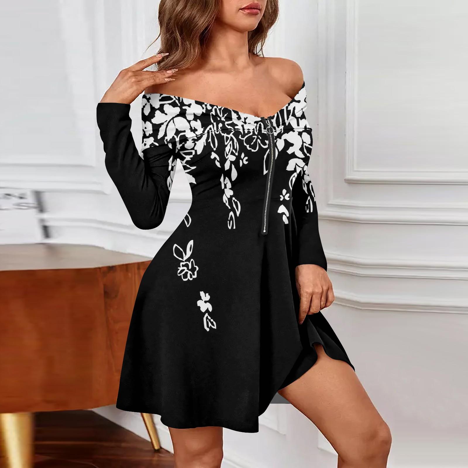 

Женские повседневные модные сексуальные платья с открытыми плечами и длинным рукавом с принтом на молнии M чёрный