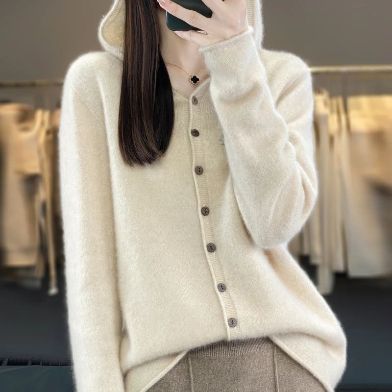First Line 100% Merino Wool Knitted Cardigan Women's Autumn and Winter Hoodie Loose Sweater Fashionable Versatile Coat