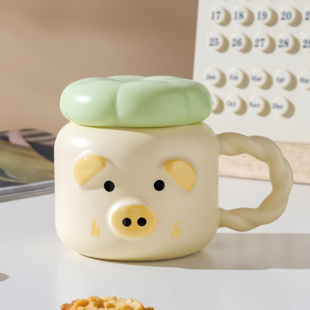 Pig ceramic mug cute with lid spoon water cup household coffee cup couple girl cup high value