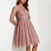 Abito Casual da Donna alla Moda con Scollo Rotondo, Maniche a Palloncino, Linea ad A, Sovrapposizione in Rete e Lunghezza al Ginocchio per l'Uso Quotidiano