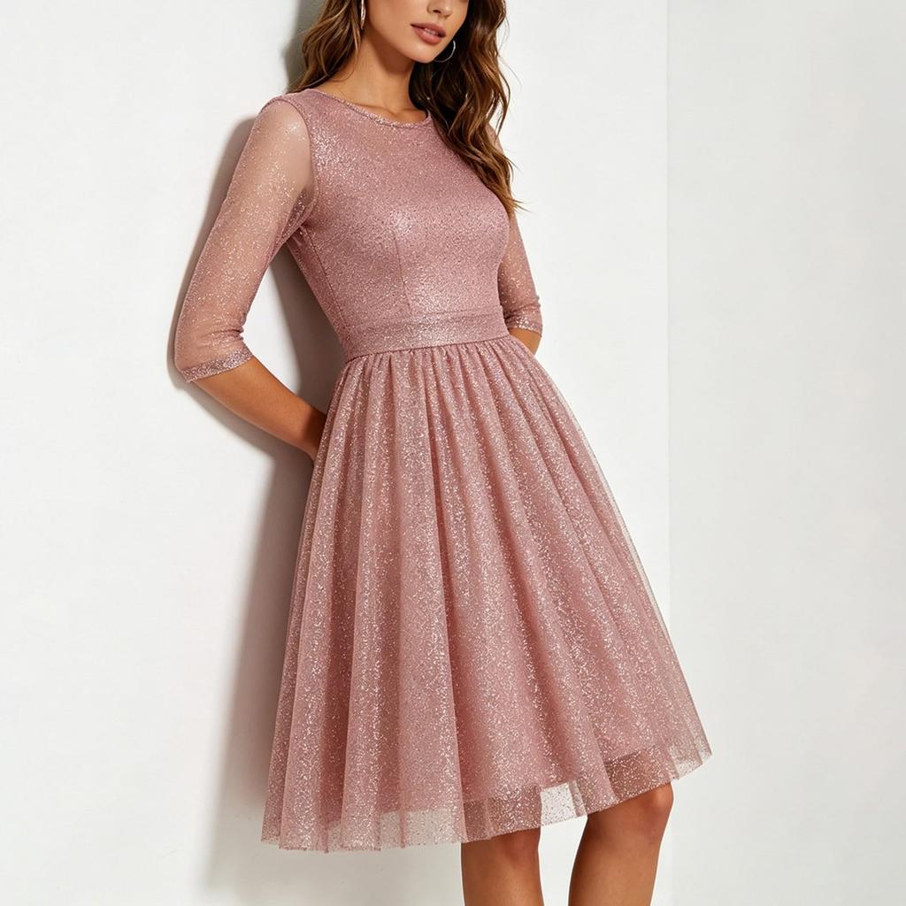 Abito Casual da Donna alla Moda con Scollo Rotondo, Maniche a Palloncino, Linea ad A, Sovrapposizione in Rete e Lunghezza al Ginocchio per l'Uso Quotidiano