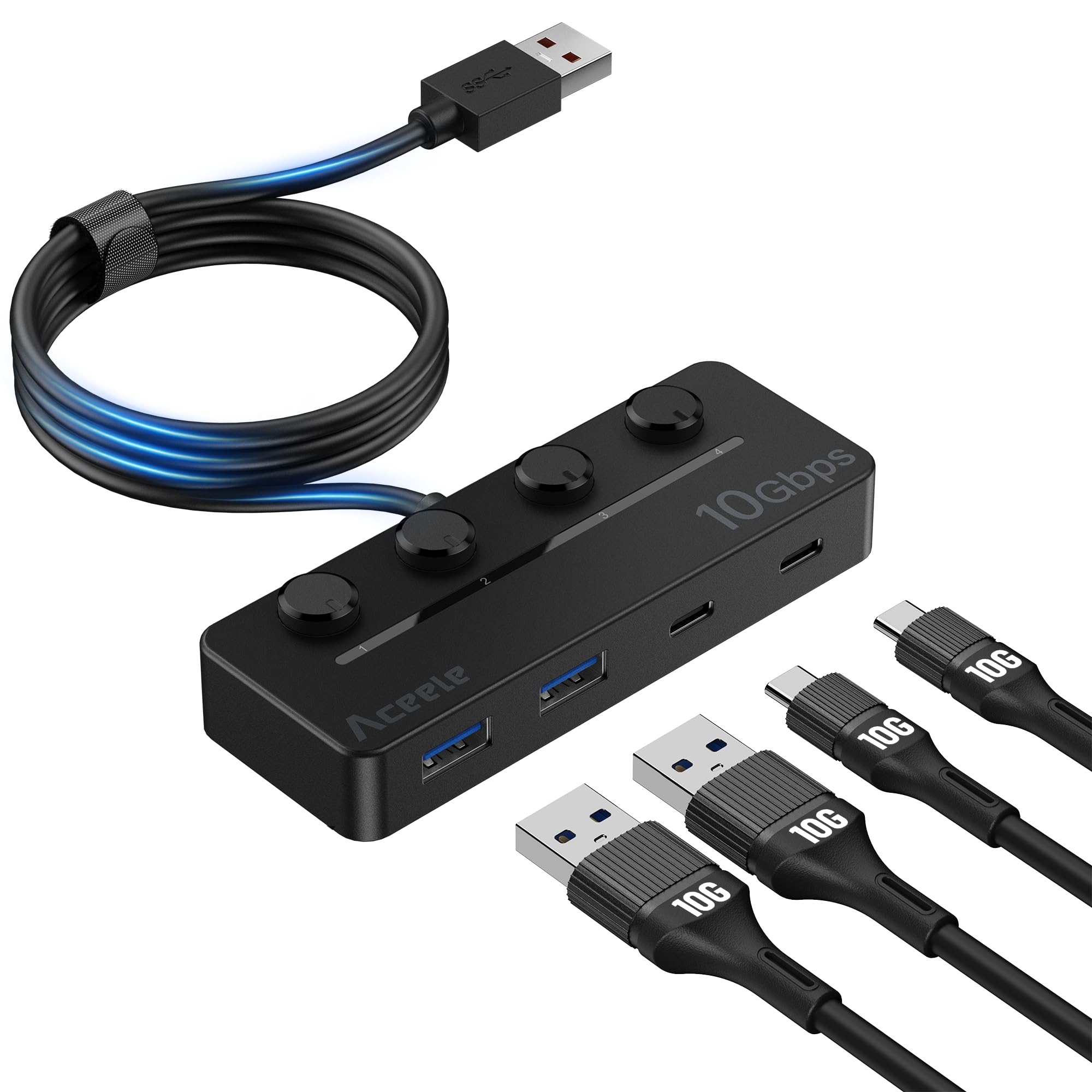 

Aceele USB 10 Гбит/с USB Gen 2 хаб с индивидуальным питанием 120 см удлинитель LED совместимый с и Linux Идеально подходит для домашнего или офисного использования Хаб, 3.2 Переключатели, чёрный