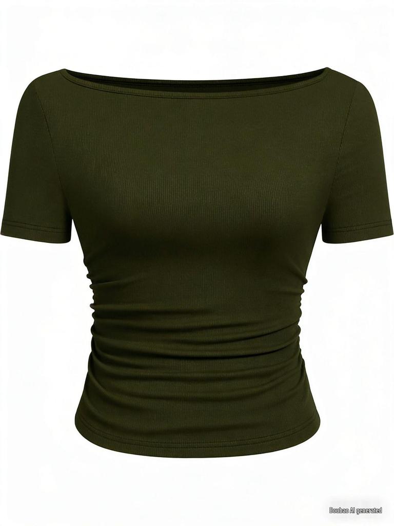 2025 Jesień Dopasowany Damski Top z Dekoltem Łódkowym, Dzwonkowym Rękawem i Marszczeniami - Jednolity Kolor, Długi Rękaw
