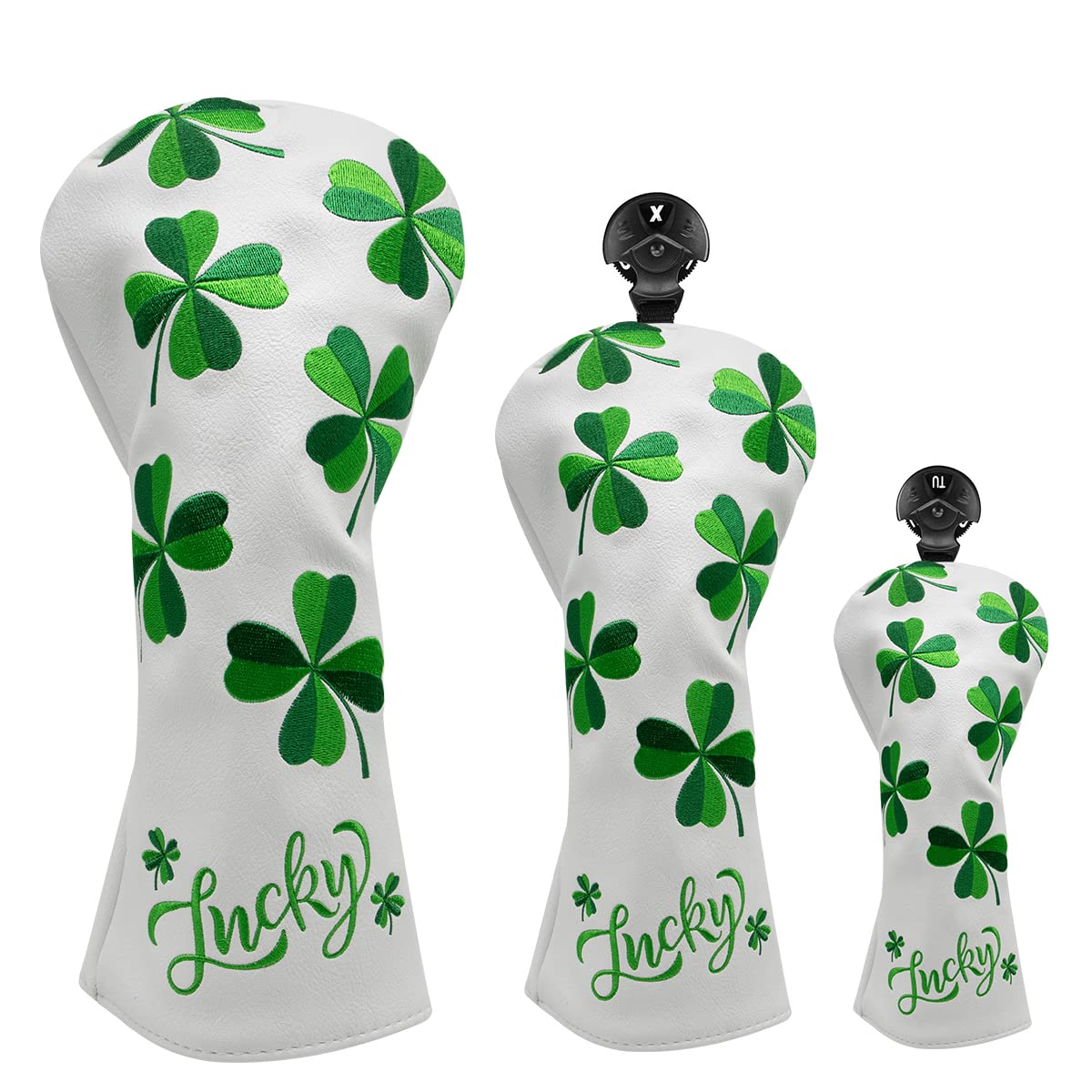 Aliennana Premium Leather Golf Club Headcovers, Lucky Clover Style, Golf Wood Cover Set, Golf Driver Cover, Fairway Wood, Utility, and Hybrid Headcove