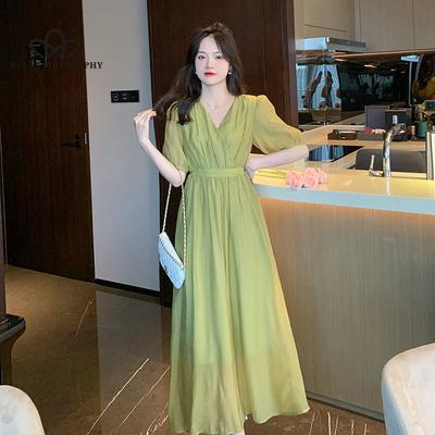 Summer New French Style Elegant V-neck Lace-up High Waist Long Dress Tight Waist Slimming Dress