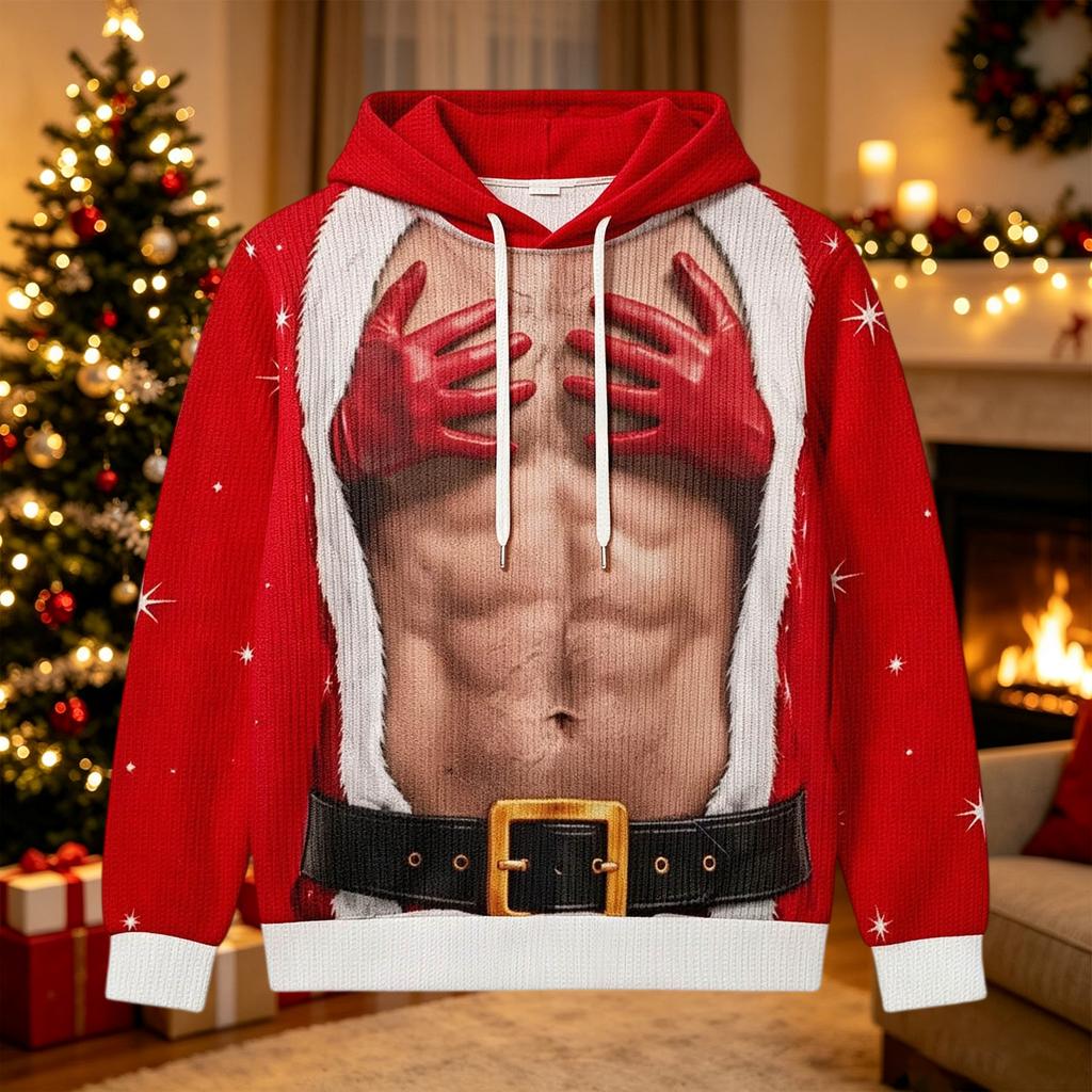 Men's Casual Loose Fit Long Sleeve Hooded Shirt Christmas Print Pullover