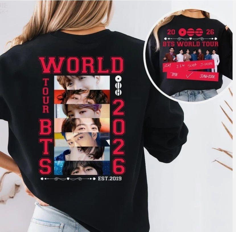Vintage 90s Two-Sided K Pop Group World Tour 2026 T-Shirt Fan Shirt - Retro Style K-Pop Fan Tee Casual Loose Crew Neck T-shirt Unisex K Pop Tops L