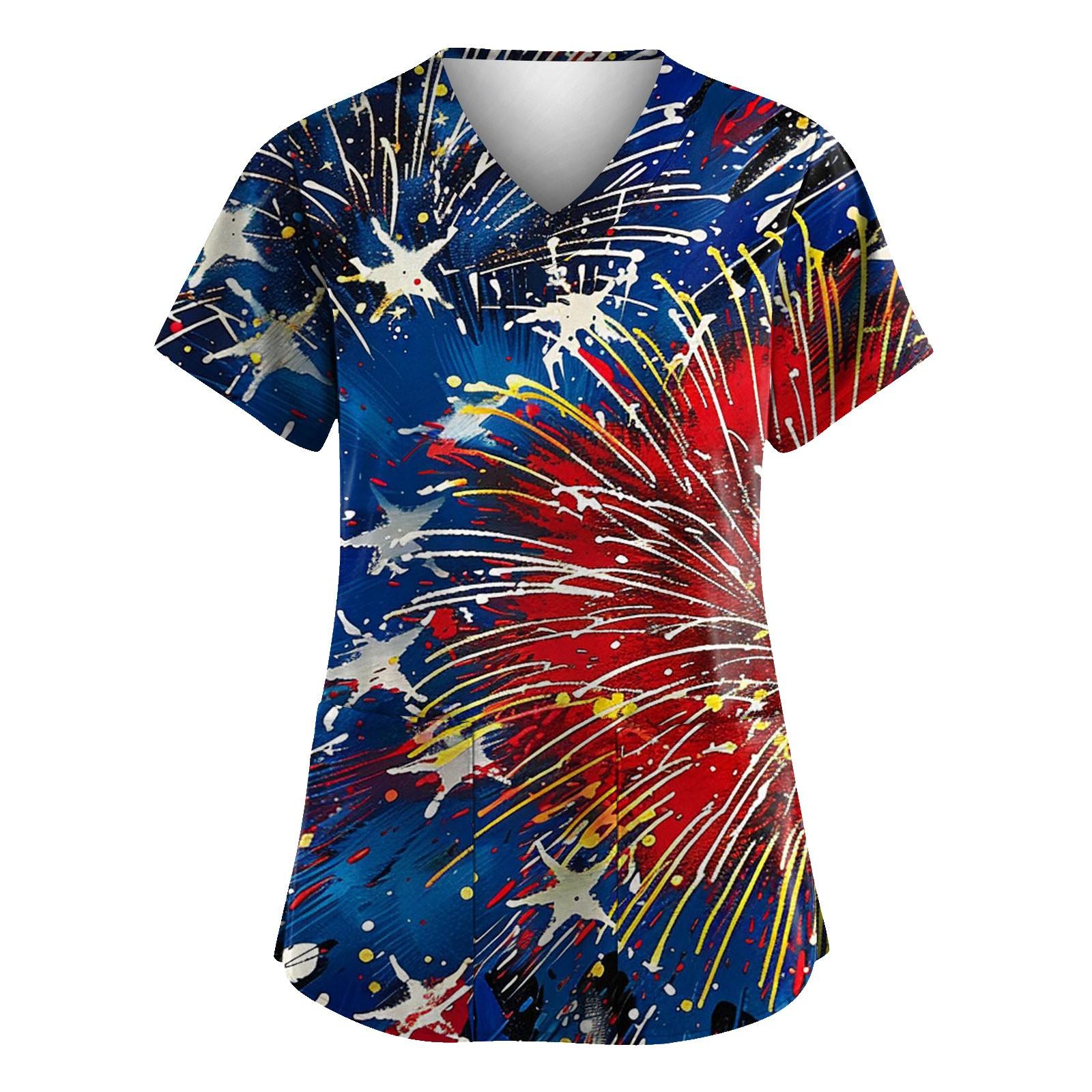 

Женская мода с v-образным вырезом, короткими рукавами и карманами, топы с принтом M