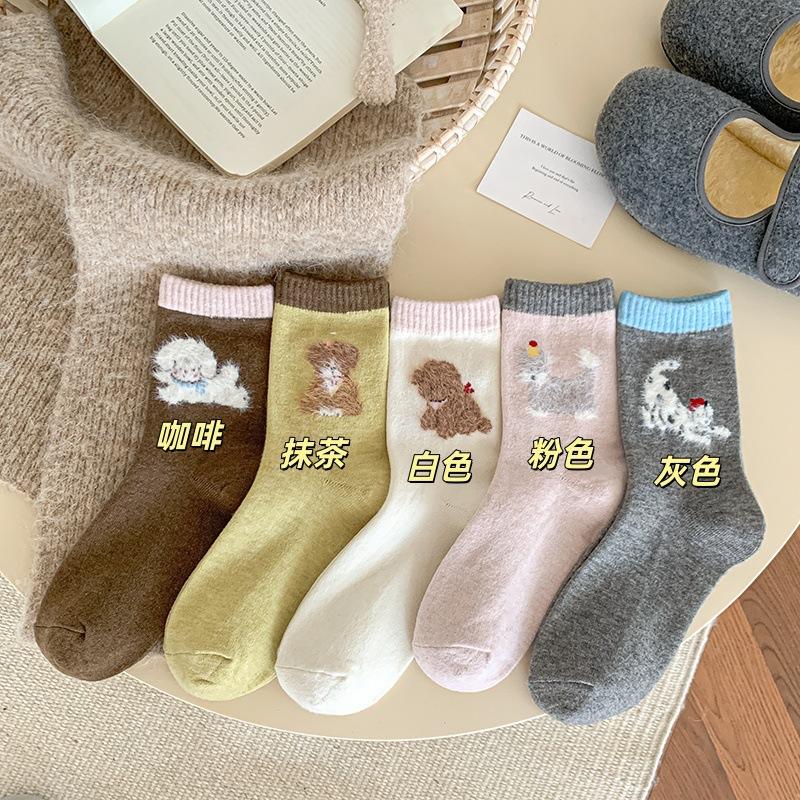 Grey Puppy Socks Warm Moorse Thickened Fleece Warm And Cute Cartoon Animal Tide Stockings