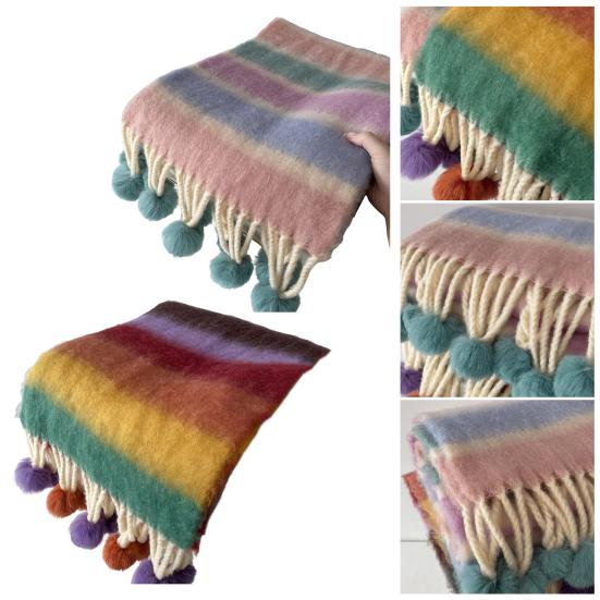 Women Scarf Rainbow Color Striped Scarf with Plush Balls Tassel Winter Thickened Warm Couple Scarf Versatile Wear