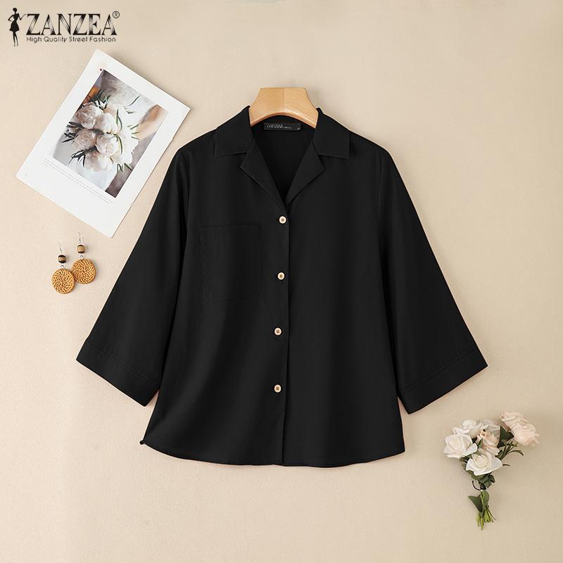 ZANZEA Women Turn Down Collar Loose 3/4 Sleeve Cotton Blouse