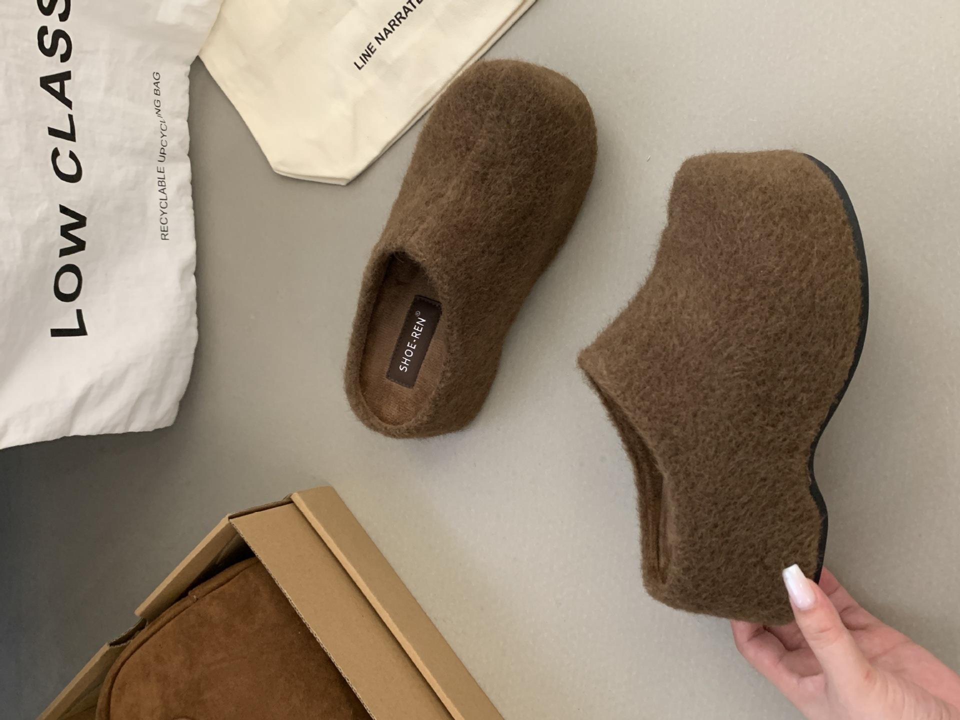 

Ретро платформа хлопковые туфли женские 2025 новые зимние на меху и утолщенные на одной педали увеличивающие рост Birkenstock шерстяные туфли 39 кофейный