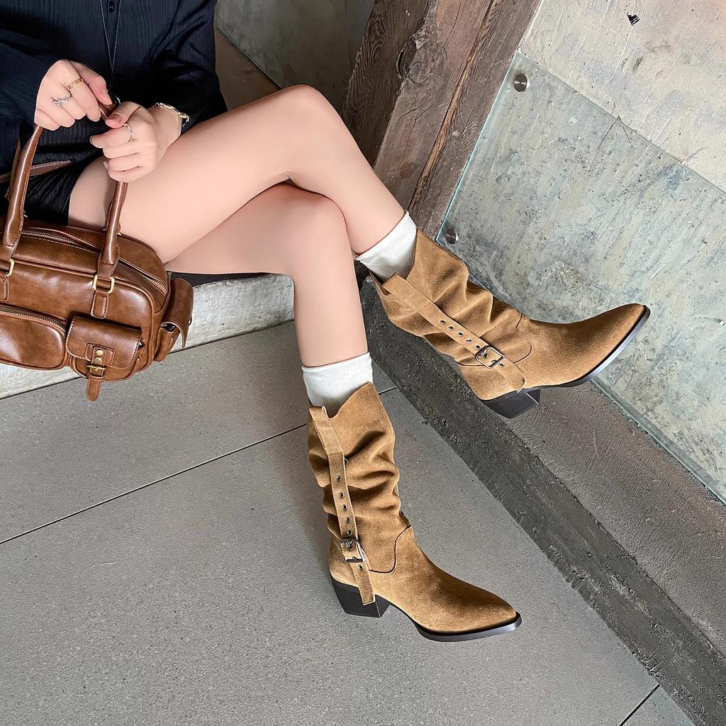 [Spot~~] 2025 new retro medium tube stacking boots western cowboy boots thin boots pointed thick heel short boots