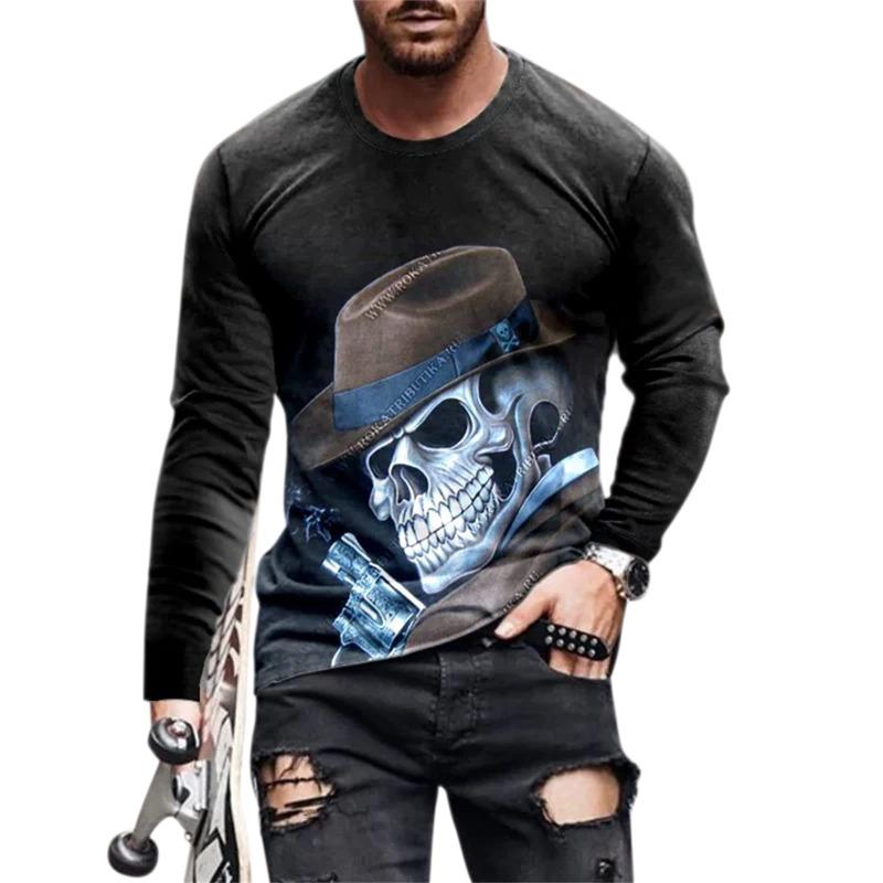 Sports Men's Long-sleeved T-shirt Men's Casual Light Street Hip-hop T-shirt 3d Skull Retro Print Casual Street Wear