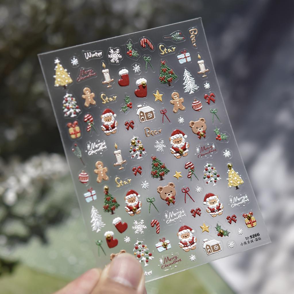 Christmas Nail Stickers Luxury Crystal Diamond Cartoon Bear Tree Apple Back Glue Nail Art Stickers DIY New 3D Nails Decorations