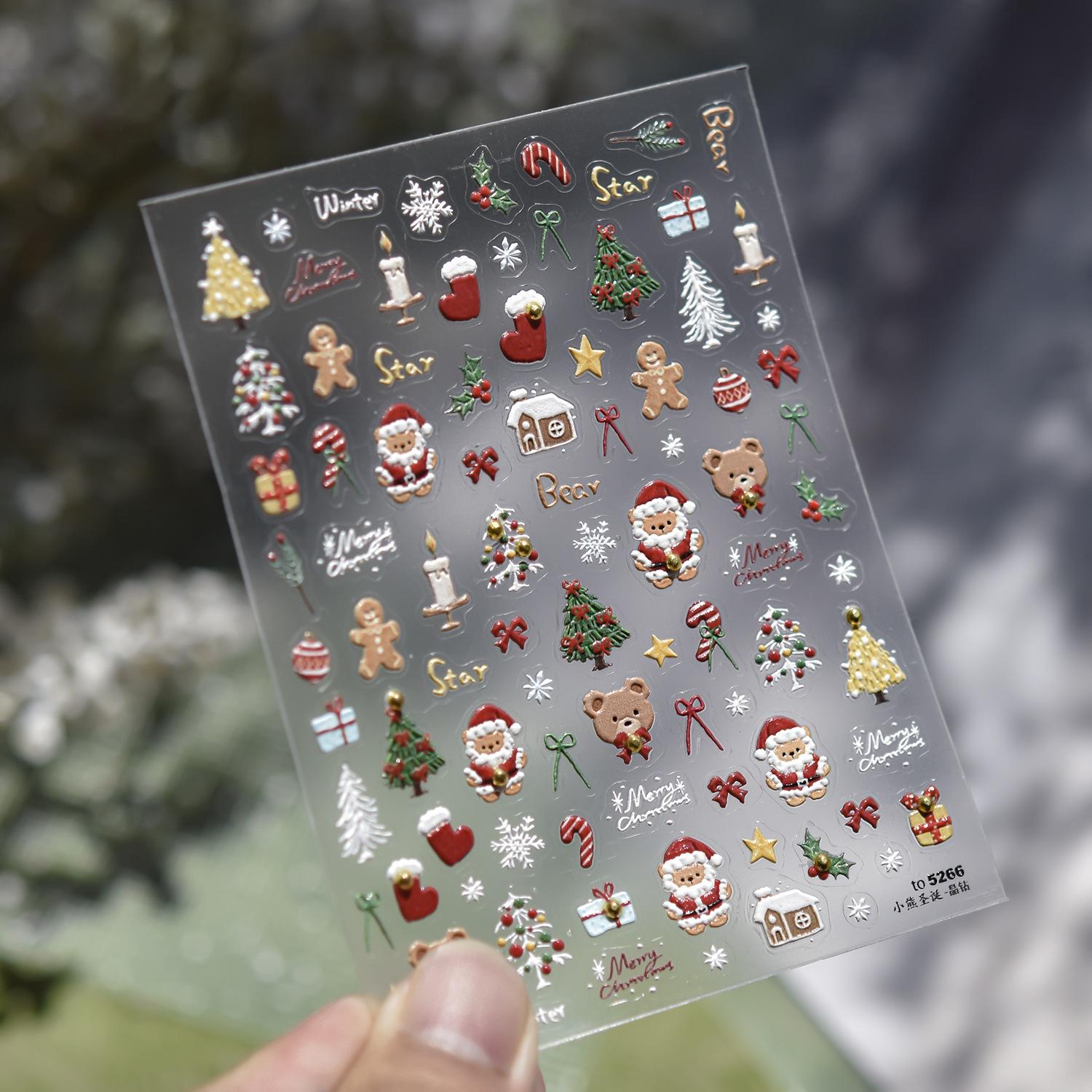 

BEPAN Christmas 3D Cartoon Nail Stickers Luxury Crystal Diamond Bear Tree Apple Back Glue Nail Art Stickers DIY New Nails Decorations