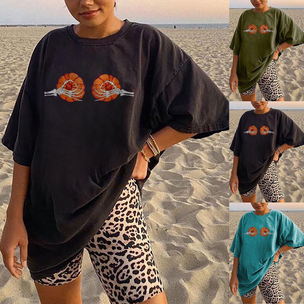 Women's Loose Blouse Round Neck Short Sleeve Halloween  Print T-shirt Top