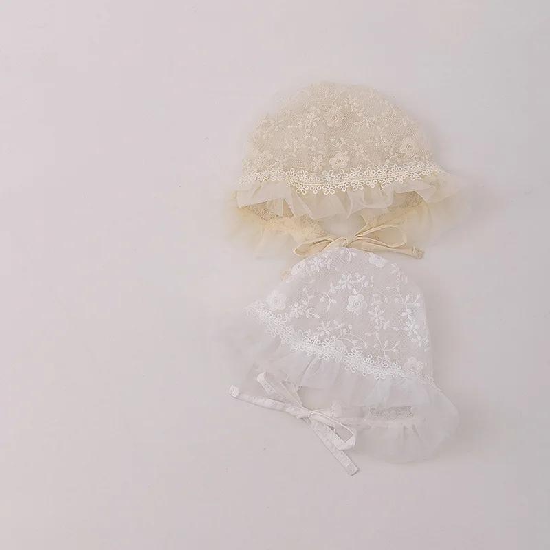 Korean Princess Beanie for Baby Girl Mesh Gauze Embroidery Floral Ruffle Newborn Photography Props Infanr Hat