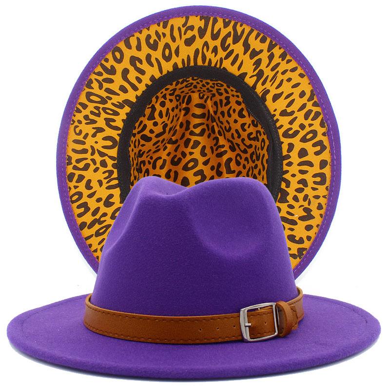 Autumn and winter new leopard print woolen top hat outdoor big edge warm felt hat belt British style jazz hat Wish
