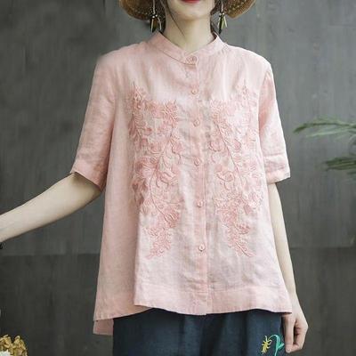 Spring and Summer Women's Cotton Shirt Stand-up Collar Top Embroidered Short-sleeved Blouse