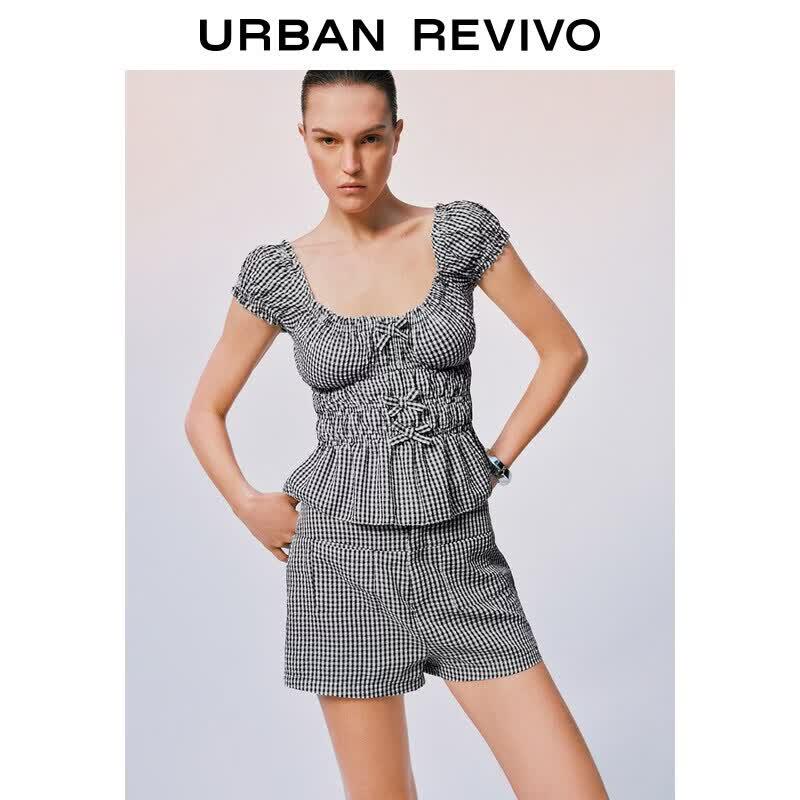Women's Gingham Smocked Bow Lace Blouse