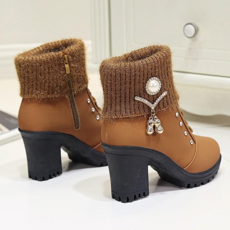 Autumn and Winter Warm Martin Boots Thick Heel High Heel Women's Fashion Boots Lace-up Wool Flanged Short Boots