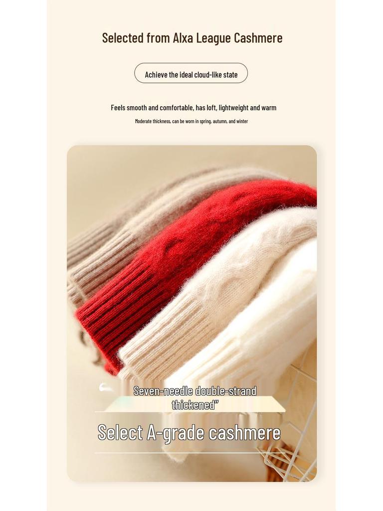 Damski modny kaszmirowy sweter z półwysokim dekoltem, warkoczowy, raglanowy