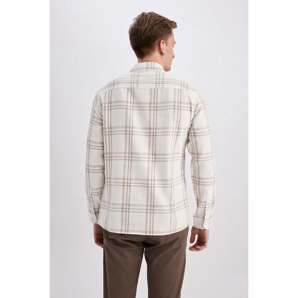 Modern Fit Polo Neck Long Sleeve Checked 100% Cotton Shirt