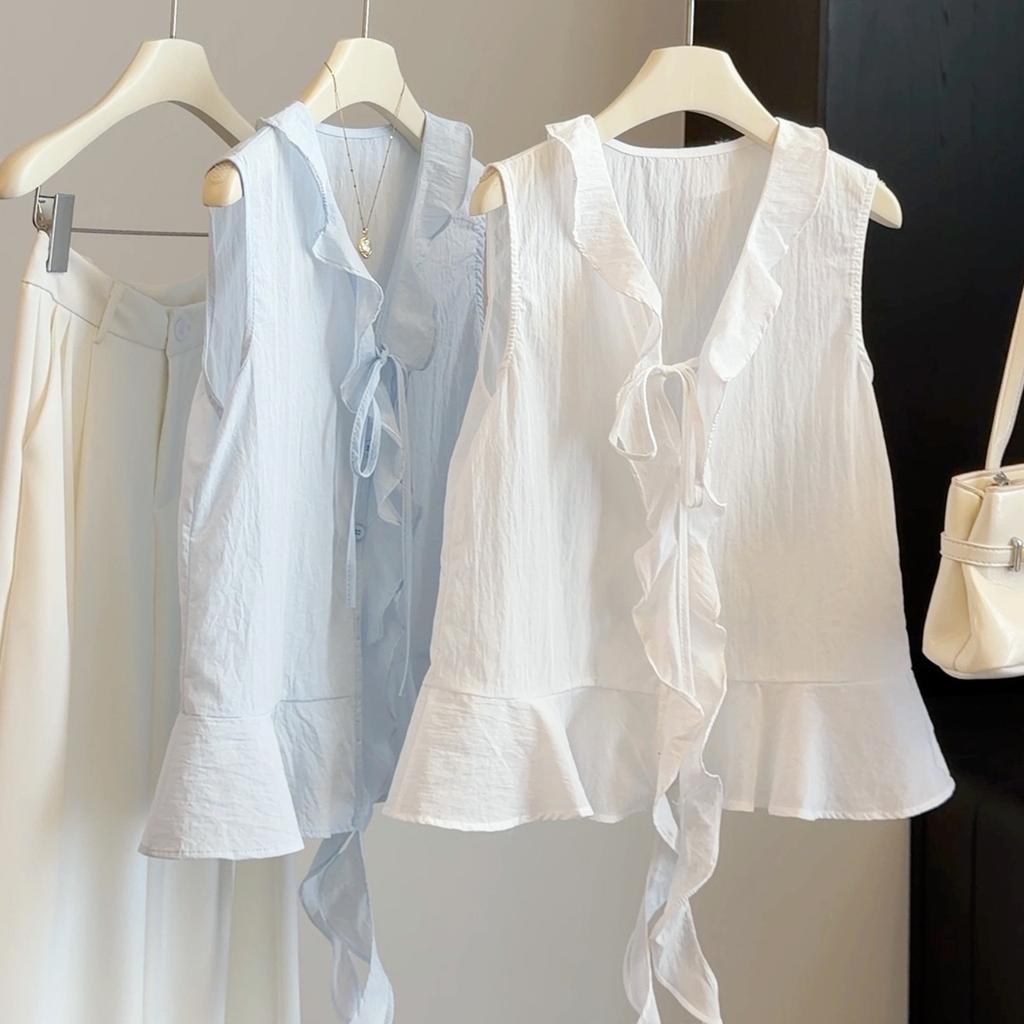 Women's V-Neck Sleeveless Blouse Ruffle Hem Loose Casual Summer Tank Top Shirt