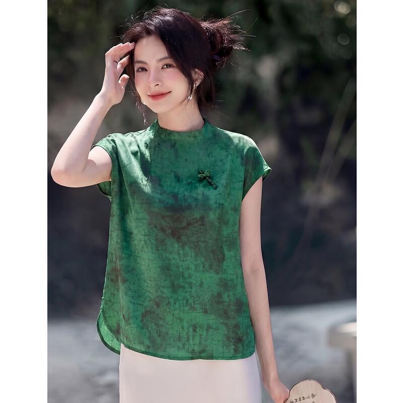 Women s Retro Stand-up Collar Printed T-Shirt M