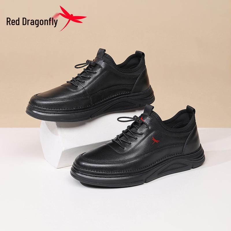 Red Dragonfly Men's 2025 Autumn Waterproof Leather Sneakers - Soft Sole Black Casual Shoes