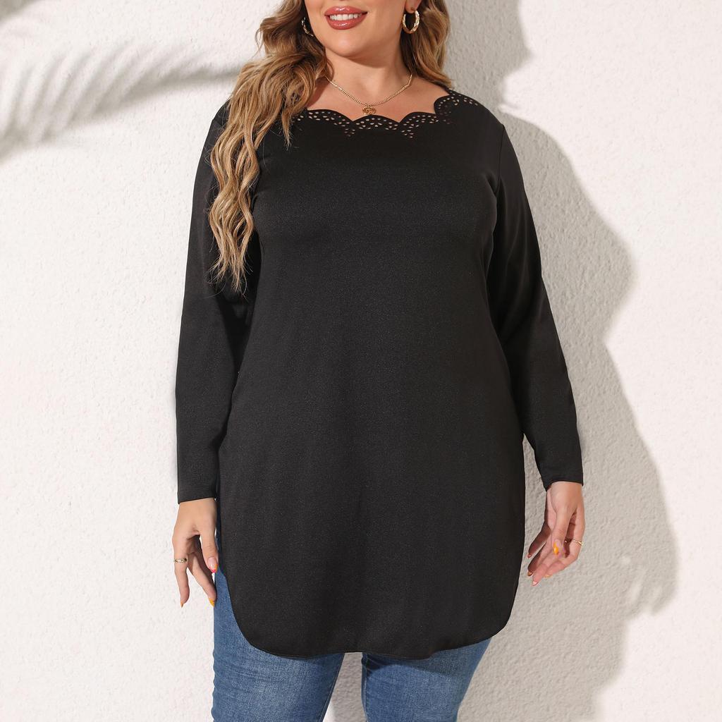 Women's Plus Size Mid-Length Burnout Hollow Out Slit Long Sleeve T-Shirt