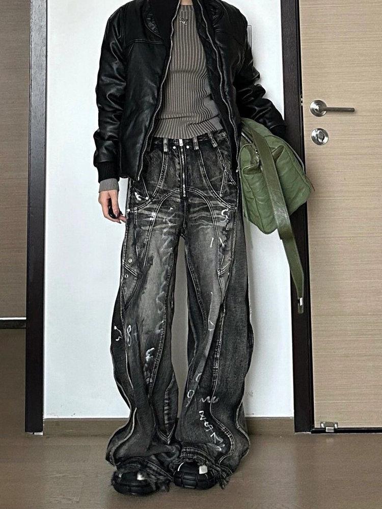 Unisex Retro Graffiti Wide-Leg Jeans: American High-Street Style