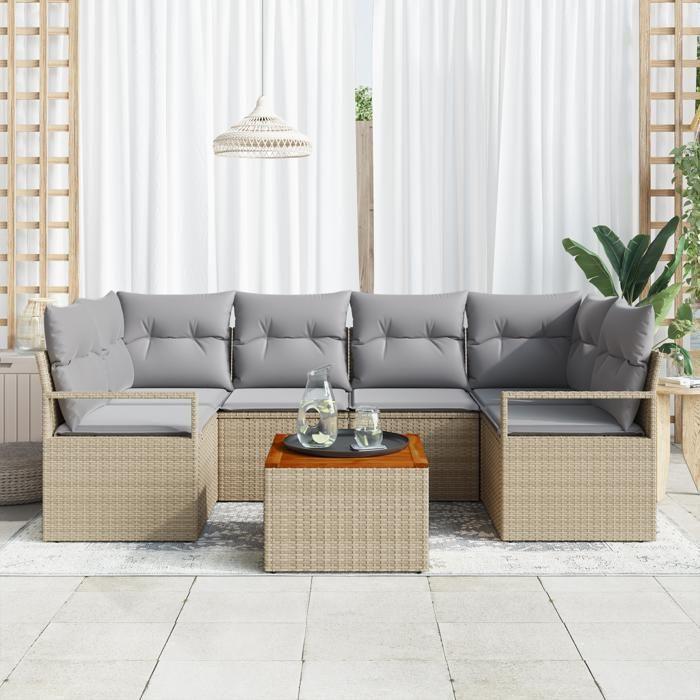 Ensemble de canapé de jardin de 7 pièces avec coussins beige poly rotin acacia, Canapé de jardin 2 places avec rangement et 3356327