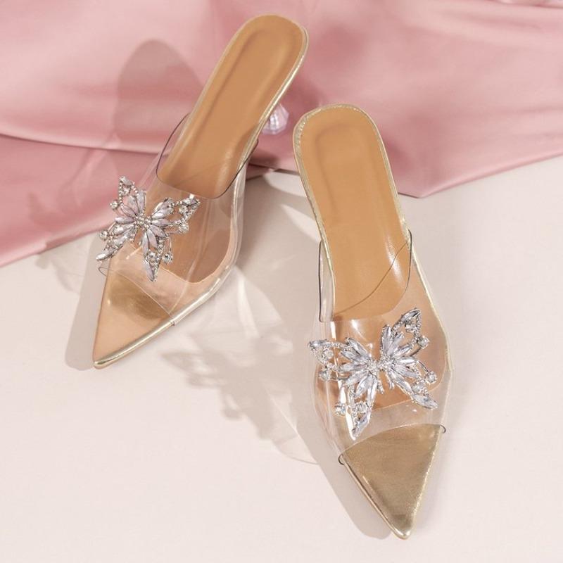 Fashionable Open-toe Temperament Butterfly Rhinestone Slippers for Women In Summer New Pointed Toe Open-toe Banquet Single Shoes