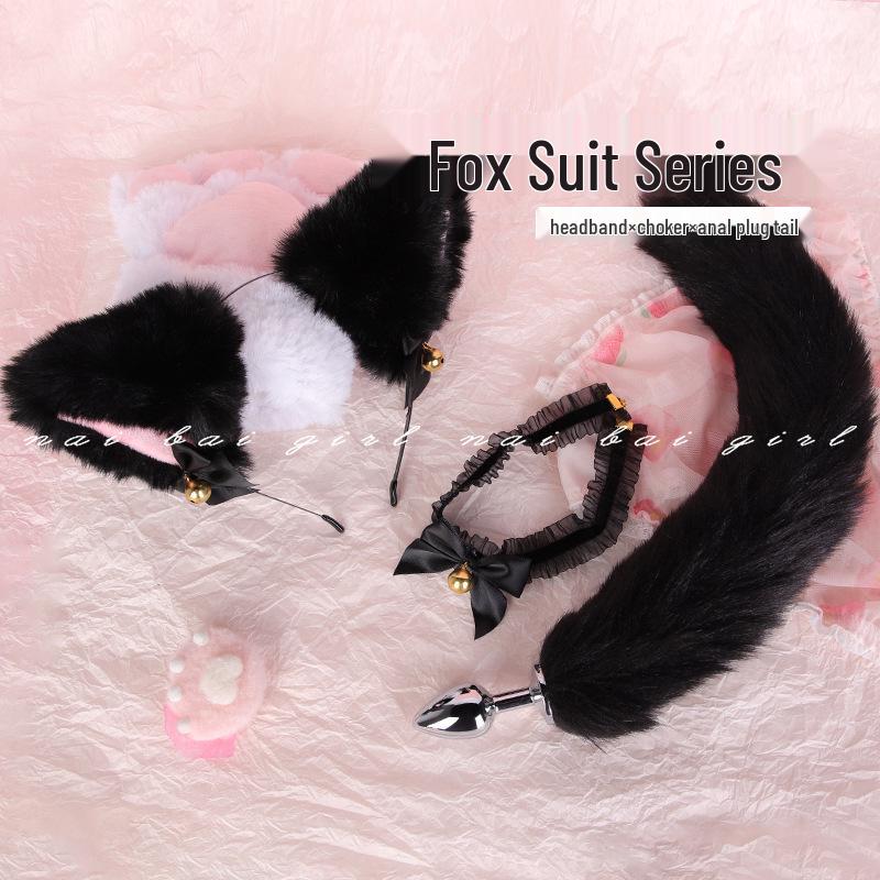 Fox Role Play Set: Metal Anal Plug with Tail, Lace Choker, and Headband for Teasing and Flirting